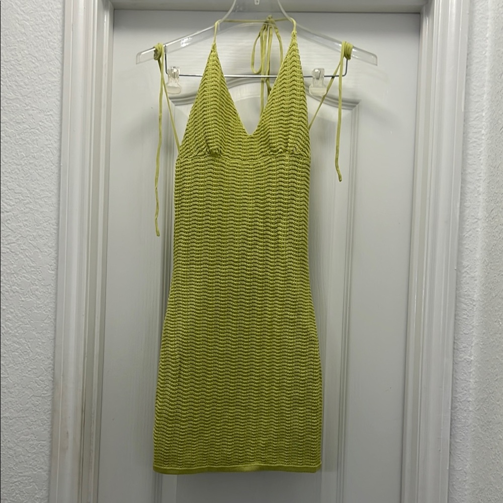 naked wardrobe Lime Green Knit Halter Mini Dress